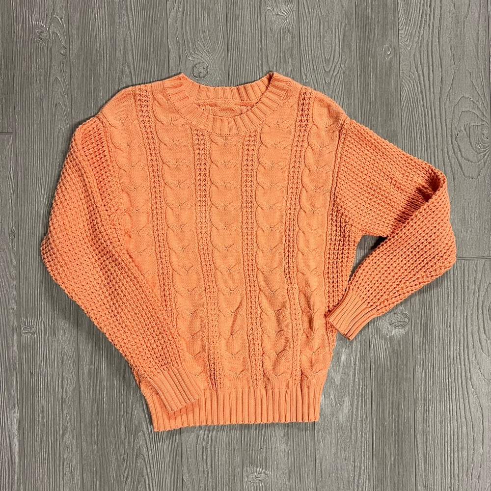 American Eagle Cable Knit Sweater XS Peach Coral Crewneck Chunky Knit